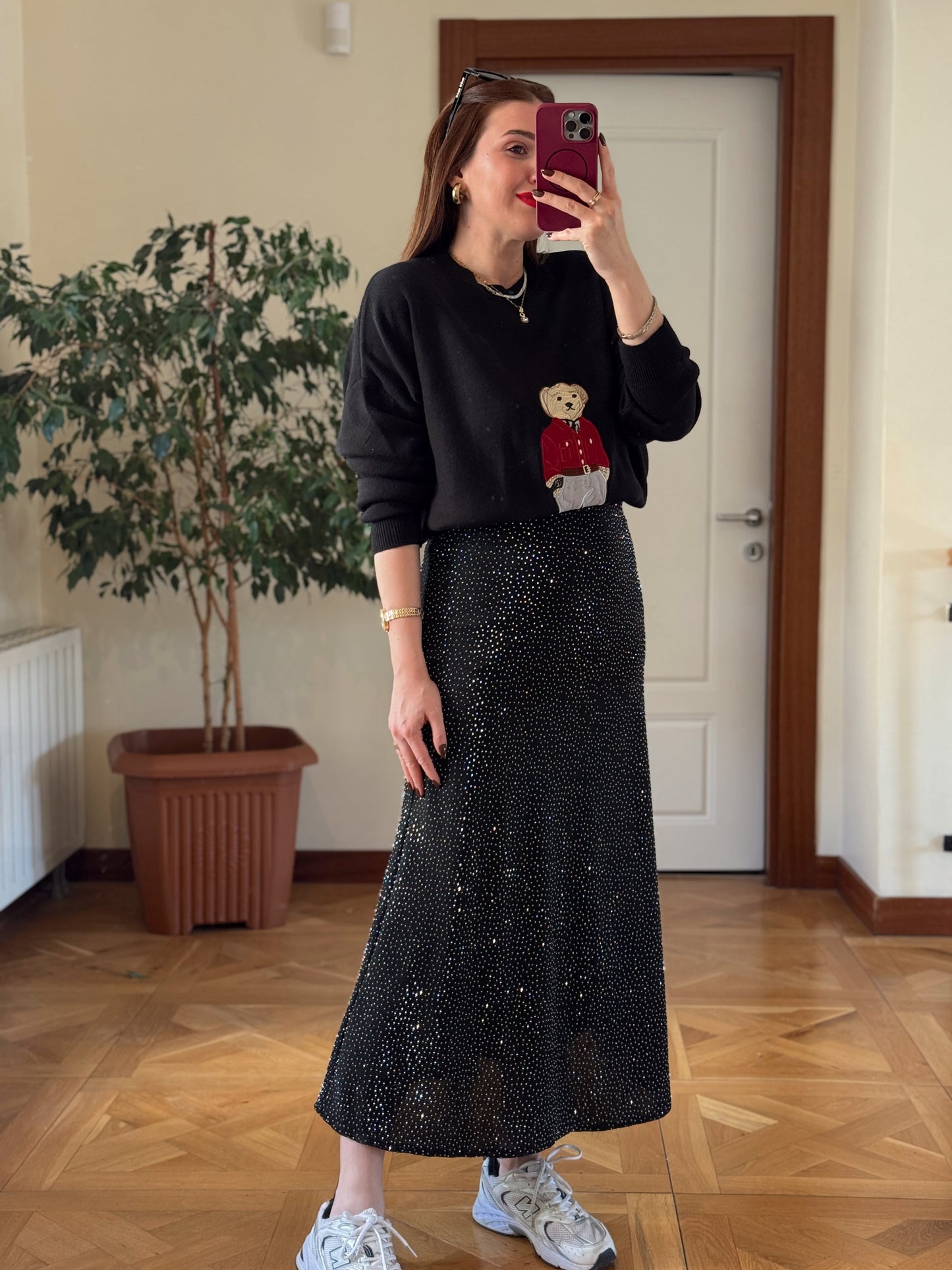 Oversize Ayıcık İşlemeli Kazak SİYAH