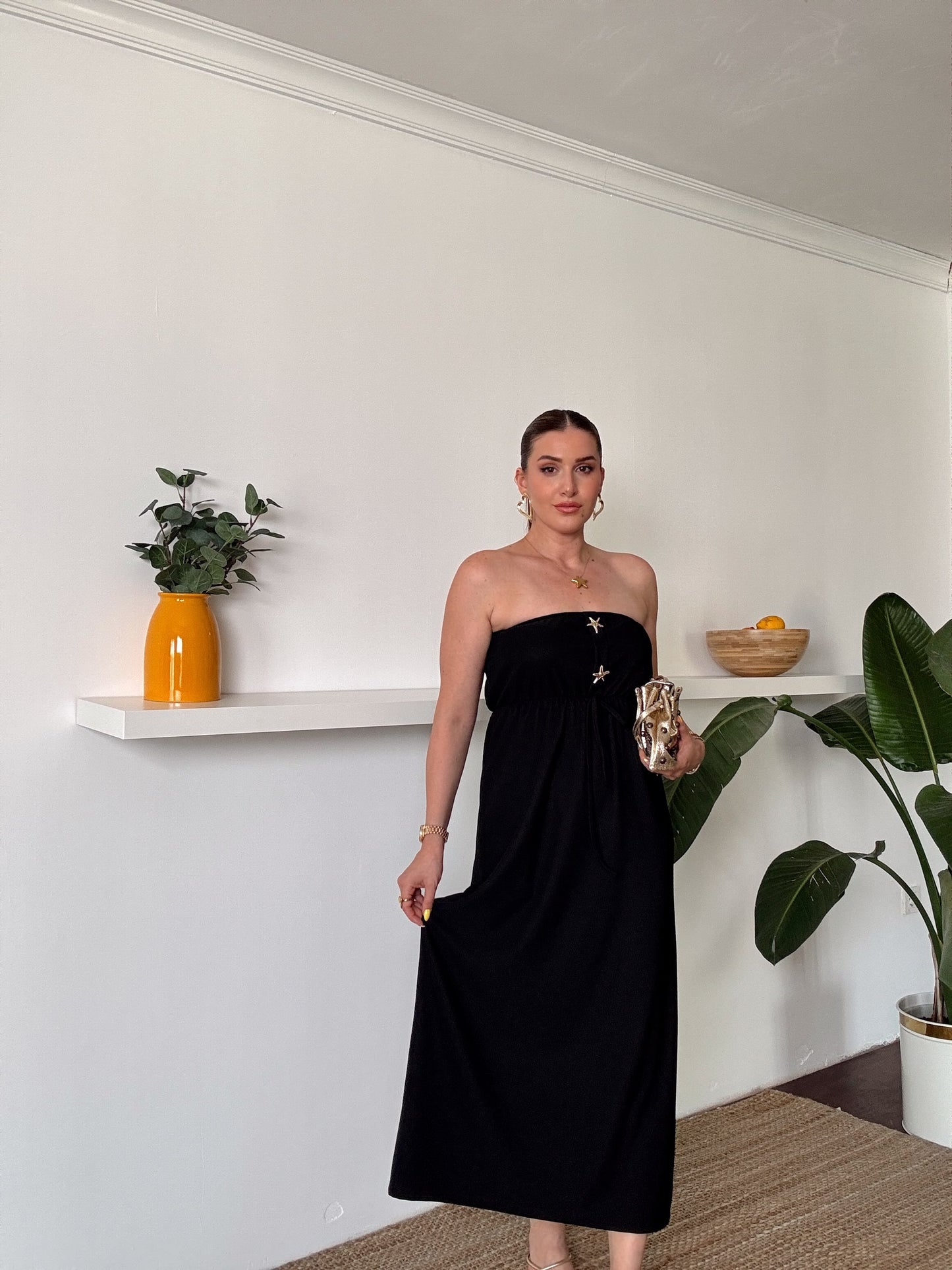 Straplez gold düğme detaylı fitilli elbise SİYAH