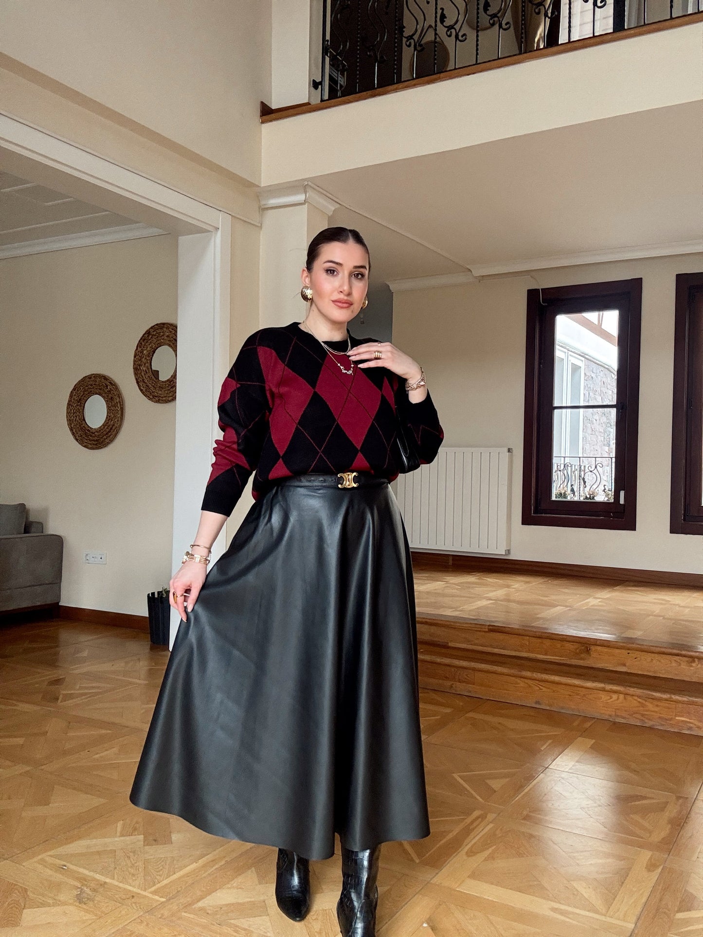 Pike Örgü Baklava Desenli Kazak Siyah