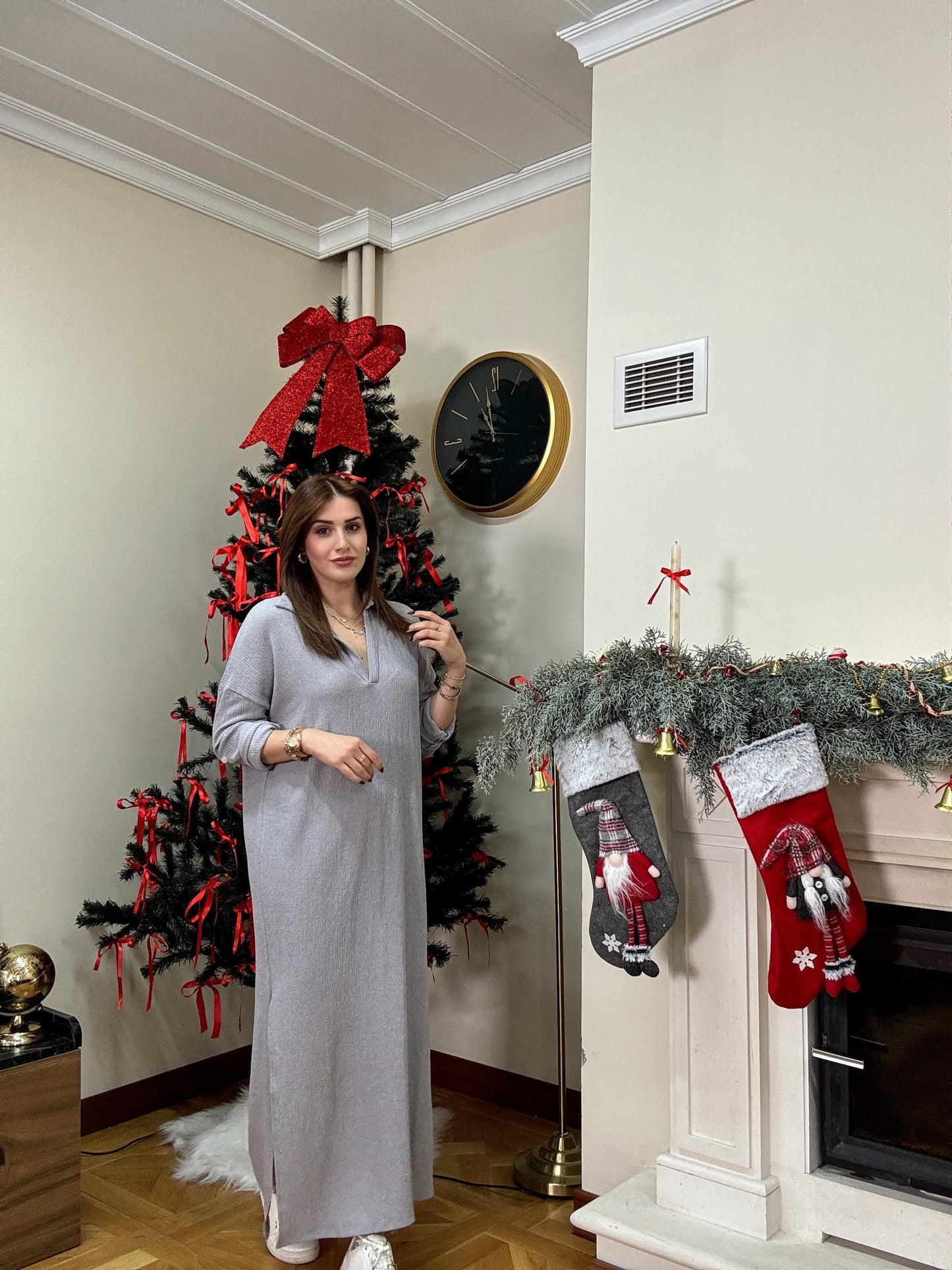 Polo yaka çift yıtmaç elbise-GRİ