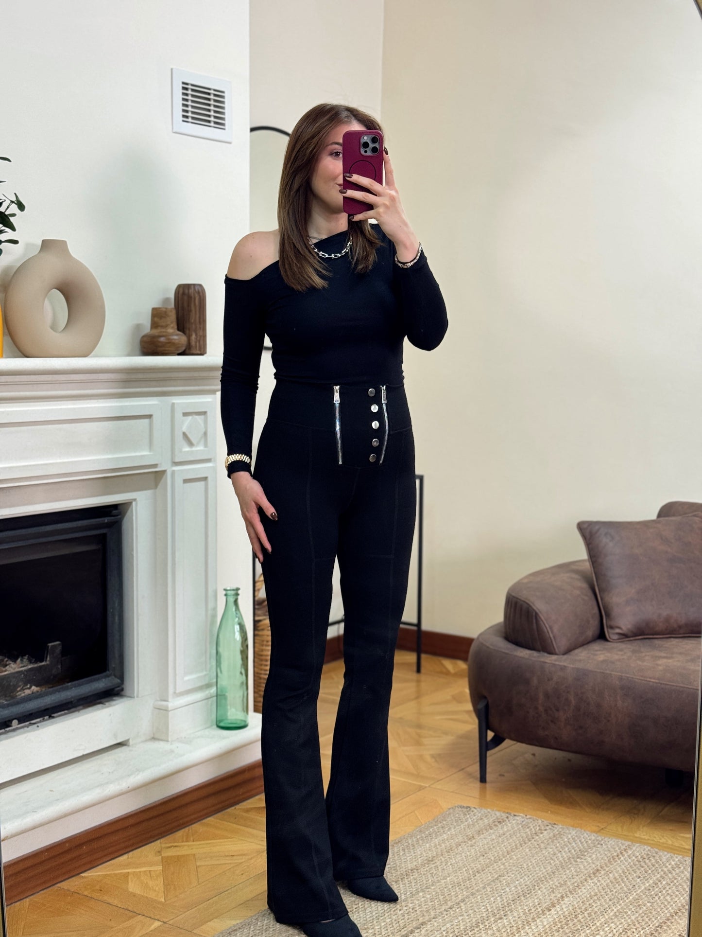 İspanyol paça çift fermuarlı tayt-SİYAH