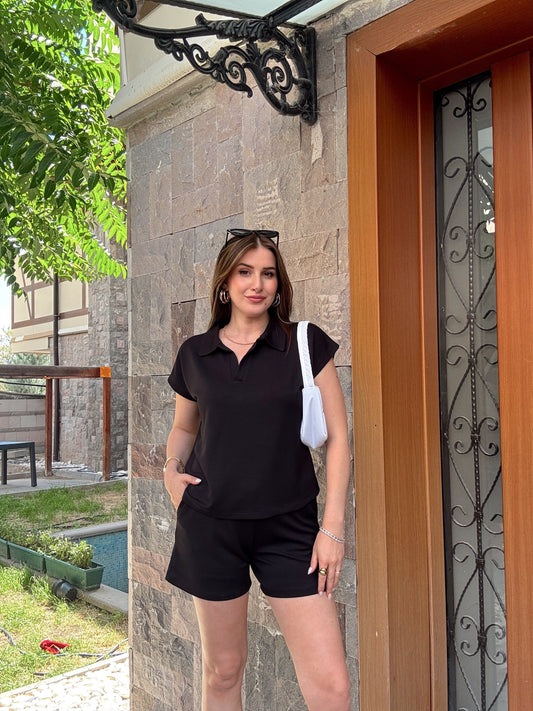 Polo yaka Modal Kumaş Şortlu Takım Siyah