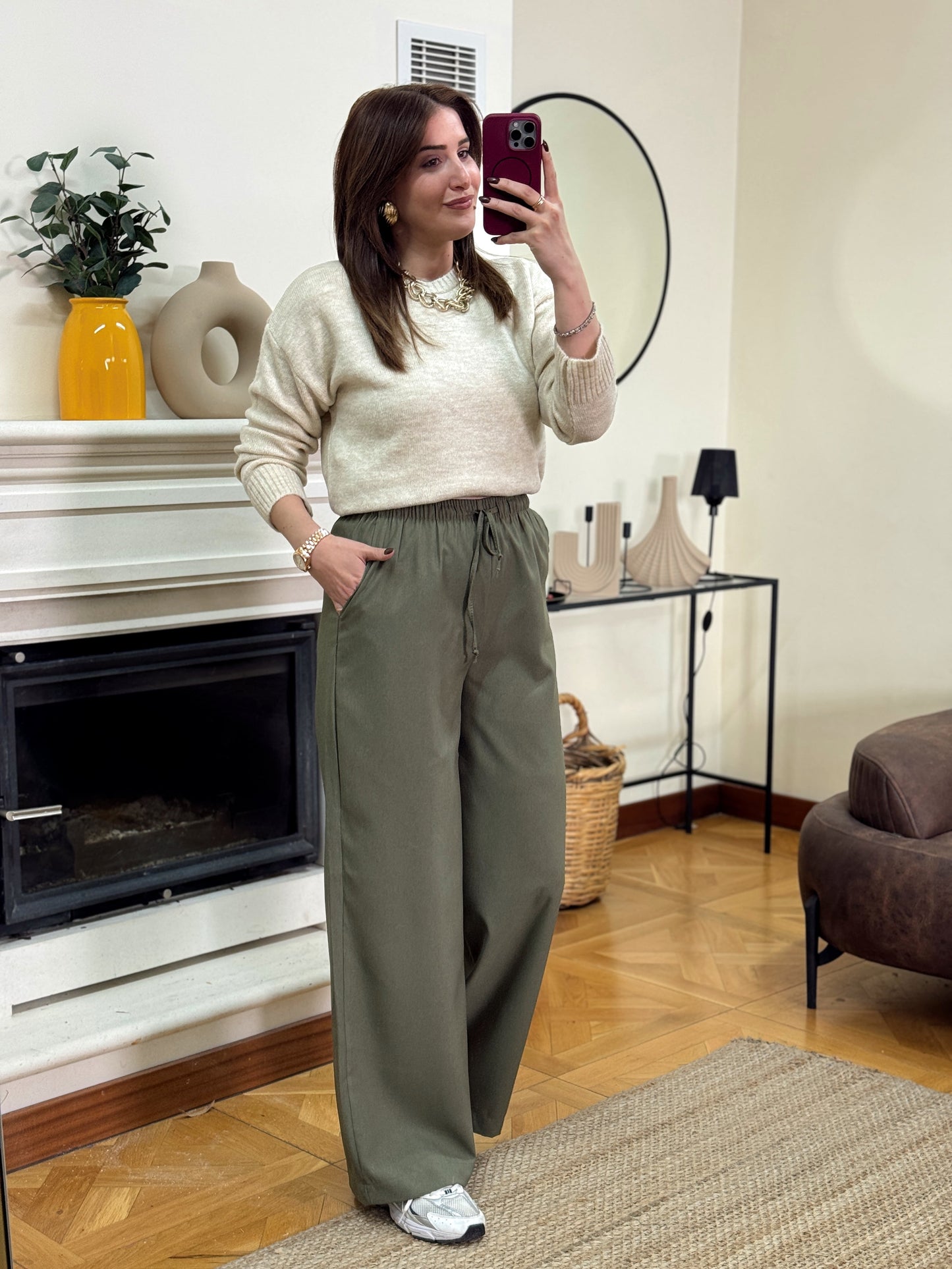 Bağcıklı palazzo pantolon-HAKİ