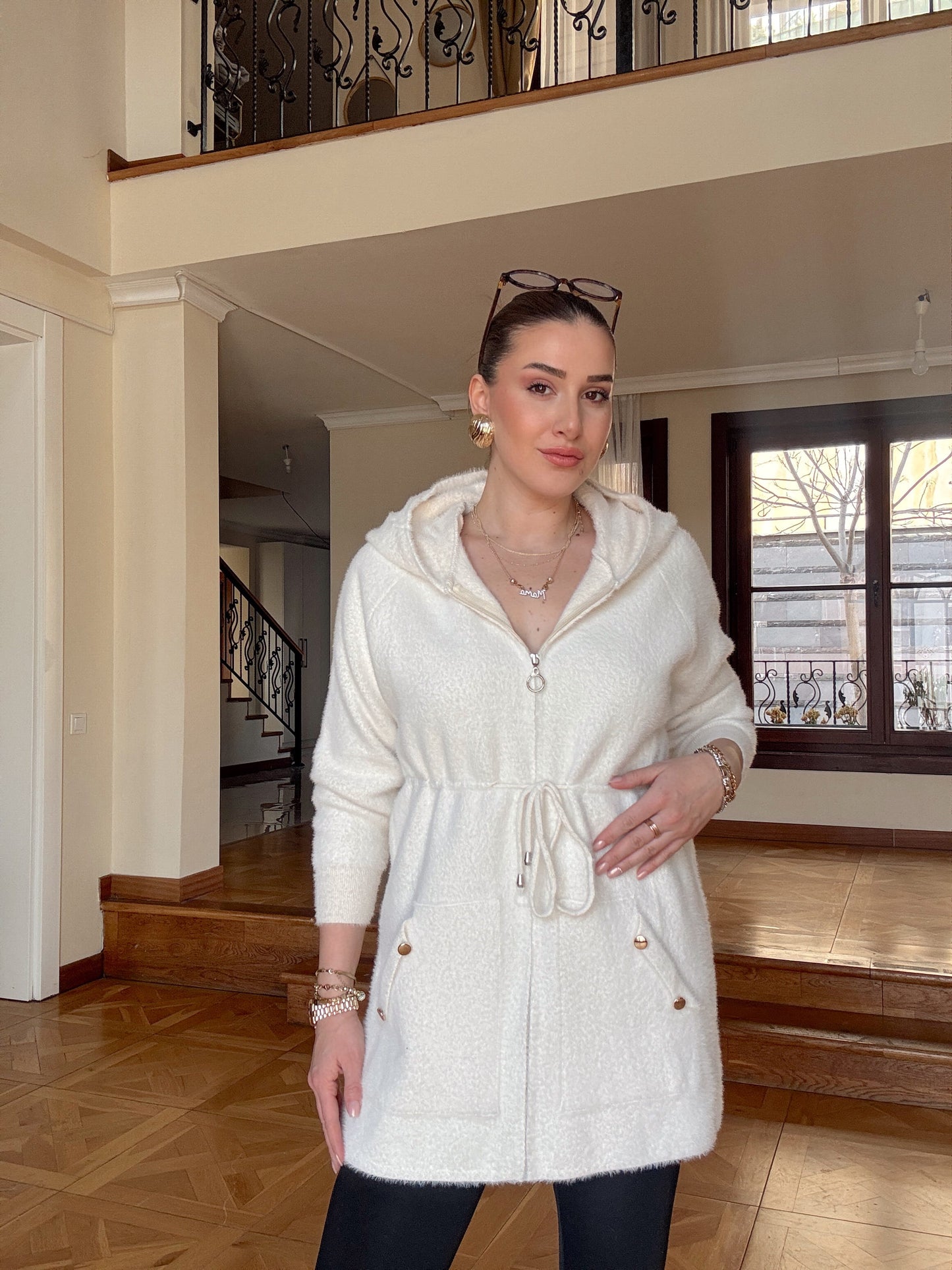 Fermuarlı kapşonlu sakal kumaş hırka-EKRU