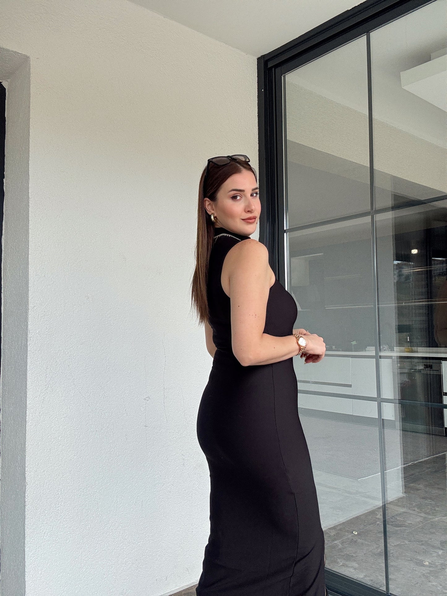 Balıkçı yaka kolsuz elbise-SİYAH