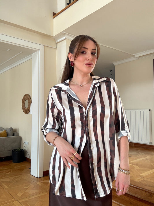 Kolu apoletli saten gömlek Kahve