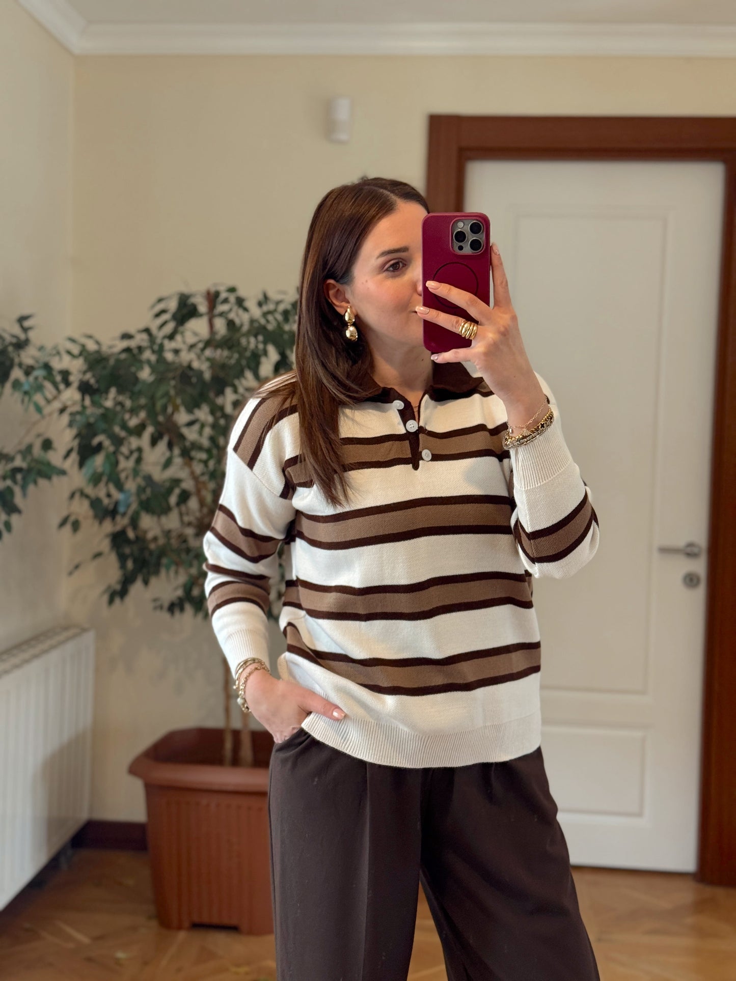 Düğmeli polo yaka triko kazak VİZON-BEJ