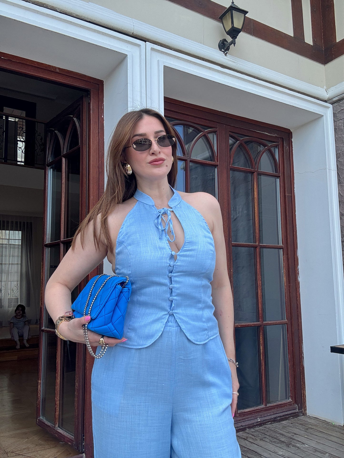 Boyun bağlama Keten takım Mavi