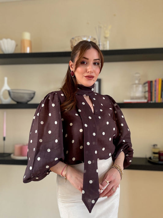 Puantiye desenli viskon gömlek Kahve