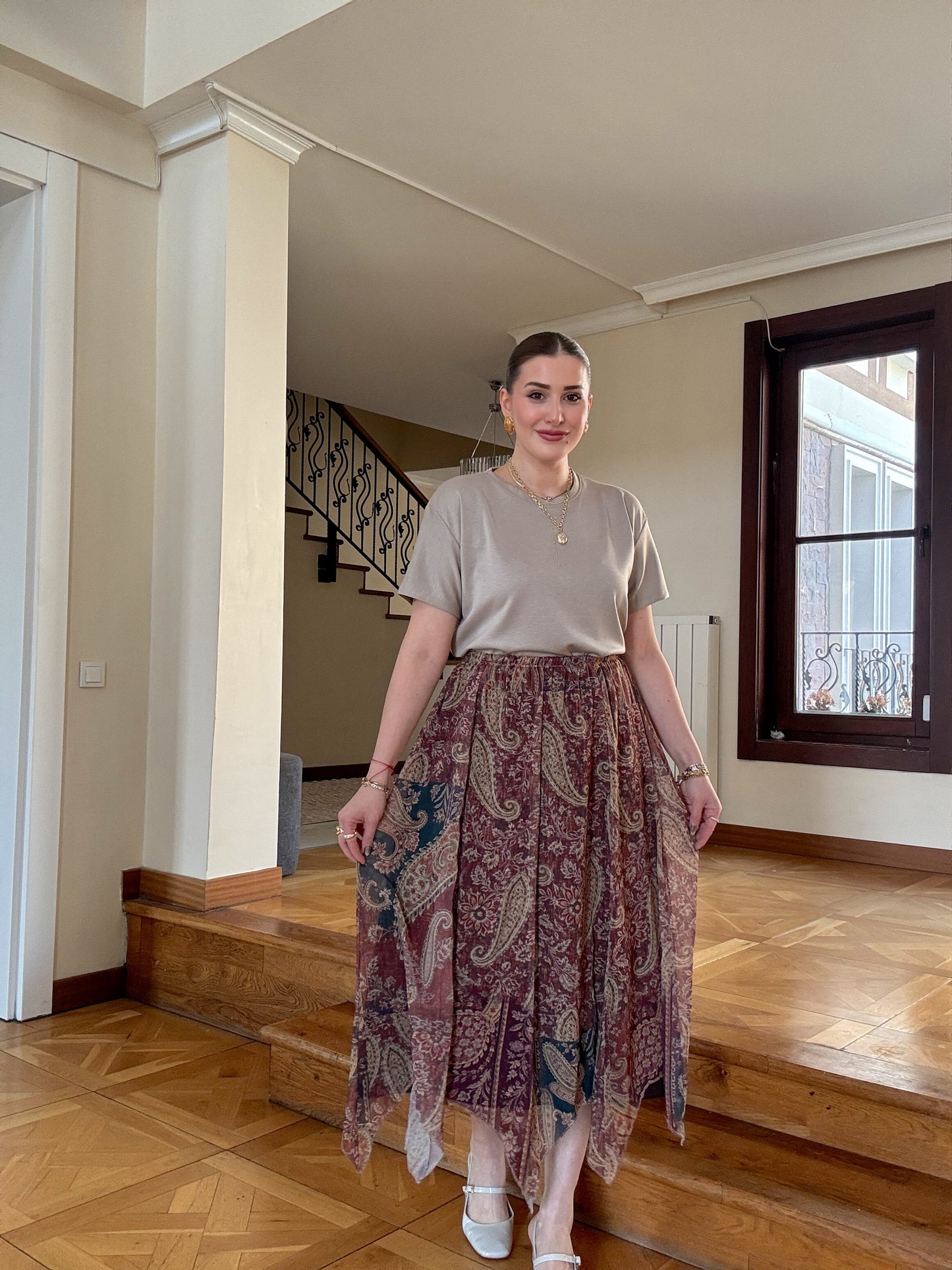 Asimetrik kesim vintage desenli şifon etek KAHVERENGİ