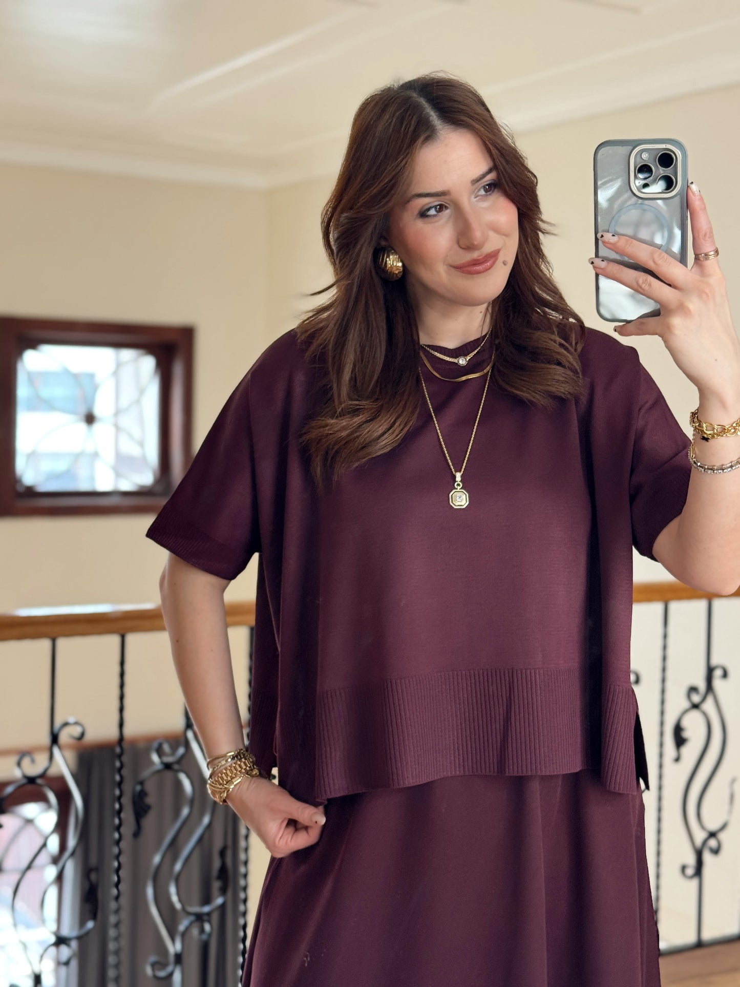 Kısa Kollu Oversize Triko Kazak-MÜRDÜM