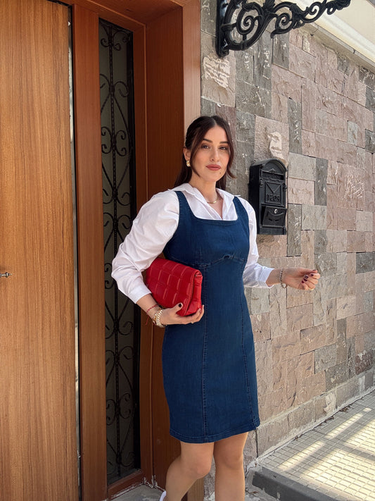 Kare Yaka Likralı Denim Elbise MAVİ