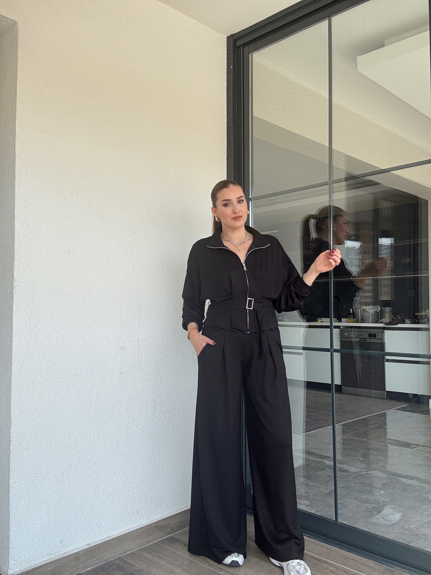 Modal kumaş dik yaka etek pileli ceket pantolon takım-SİYAH