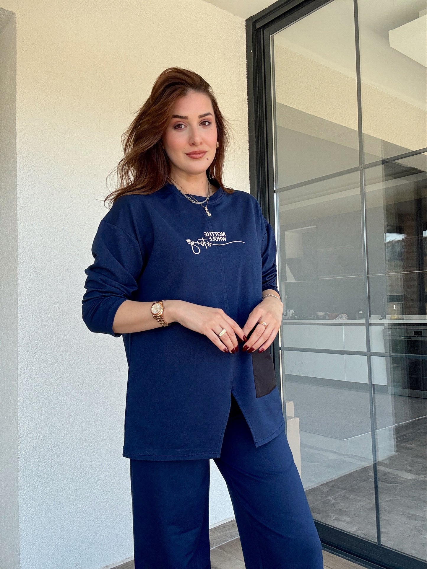 Cep detaylı nakışlı takım-LACİVERT