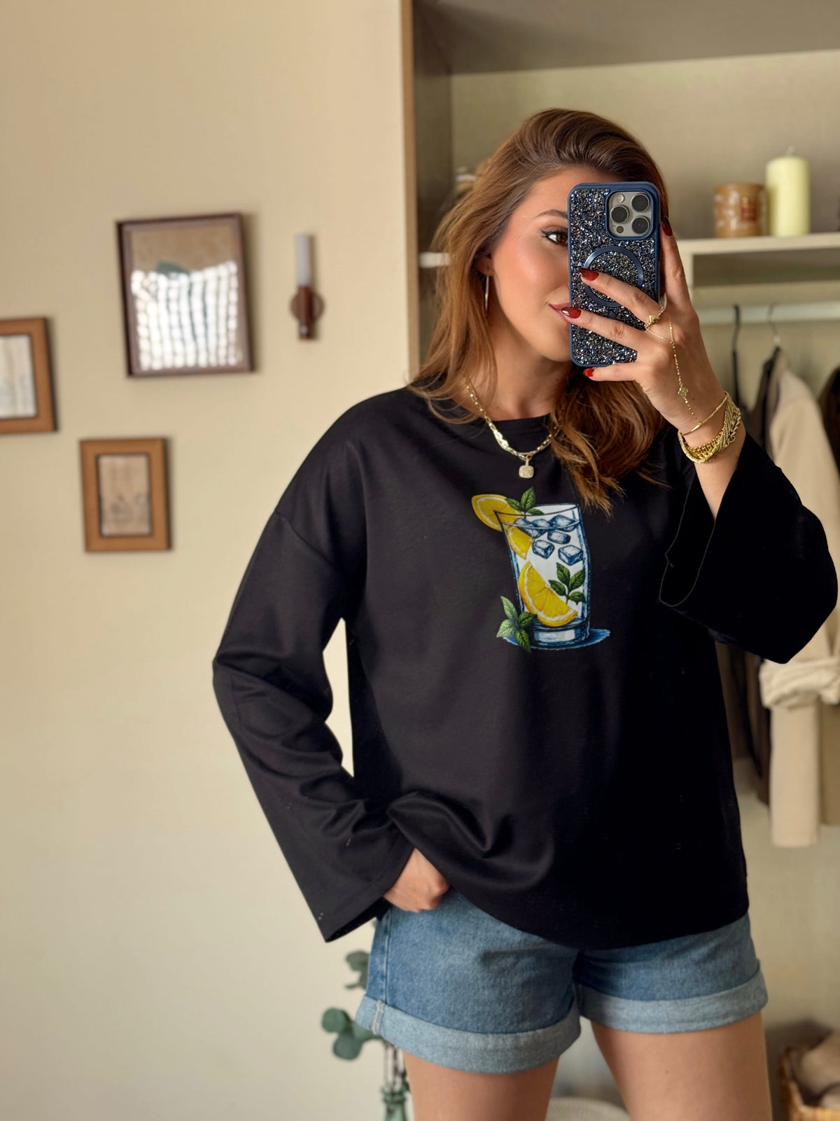 Limon buzlu bardak baskılı oversize modal sweat Siyah