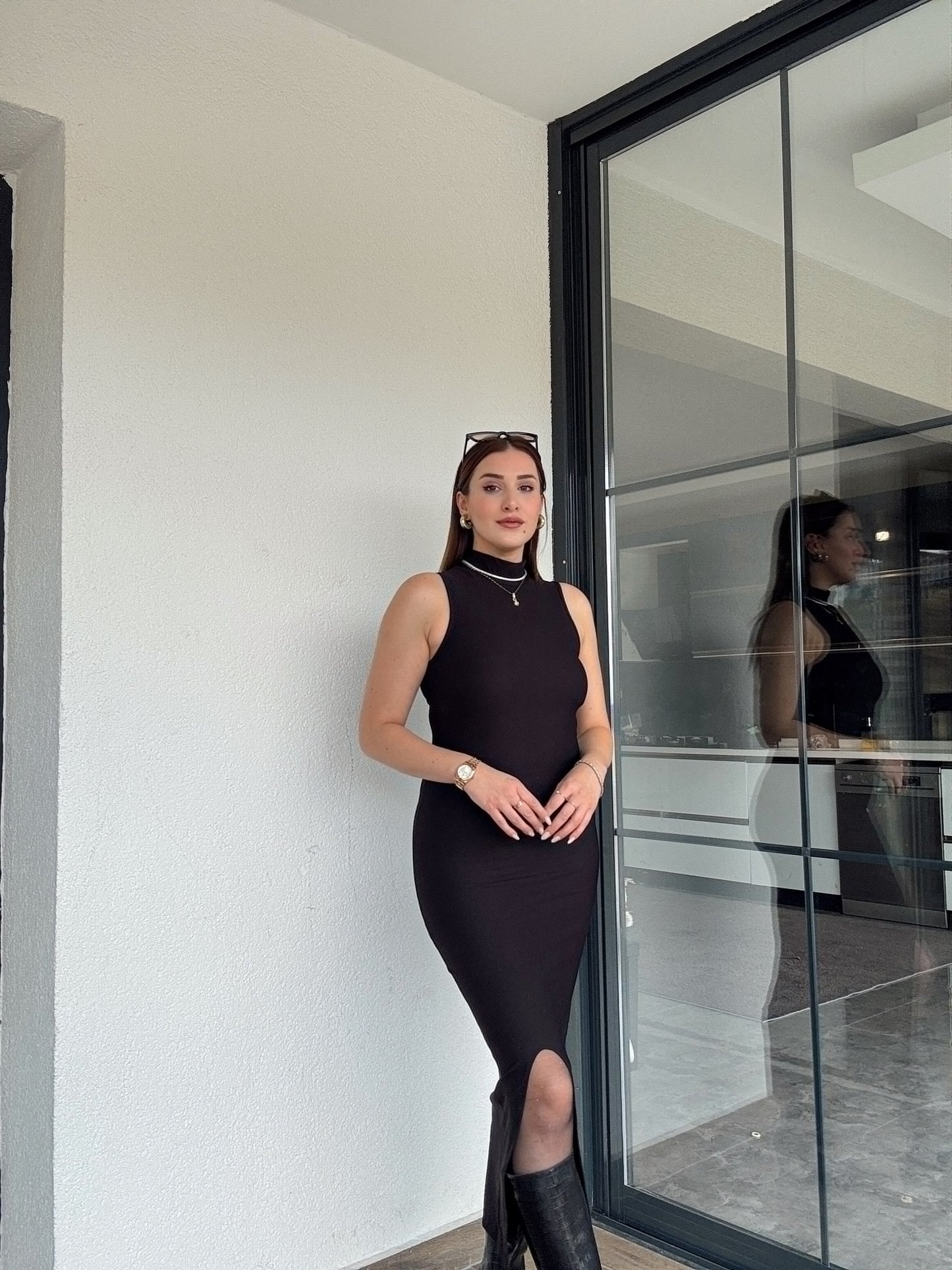 Balıkçı yaka kolsuz elbise-SİYAH