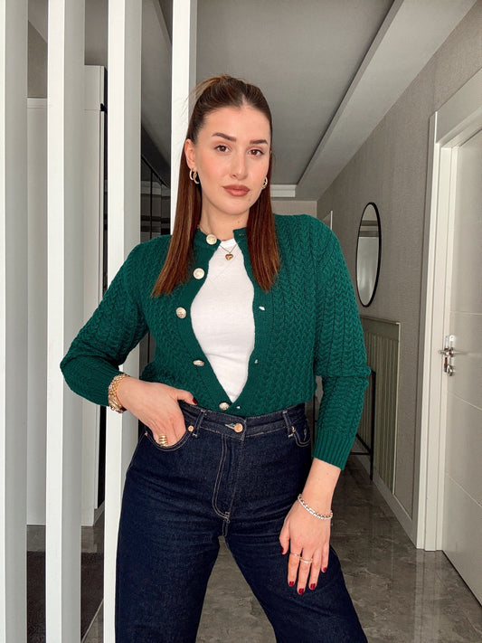 Örgülü Gold Düğme Hırka - ZÜMRÜT