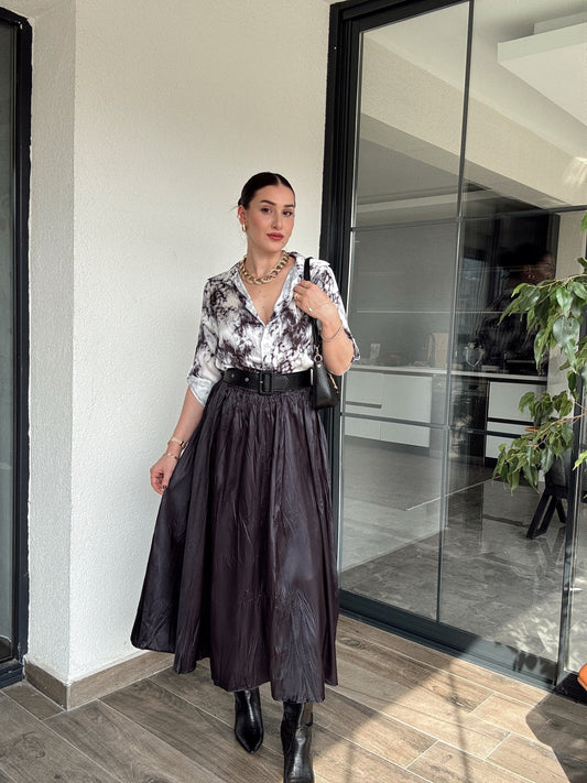 Crush kumaş beli lastikli Etek - SİYAH