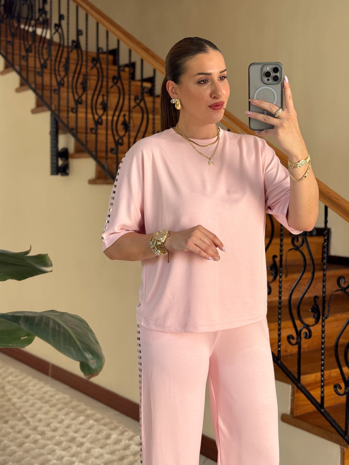 MORİNO taşlı oysh modal takım PEMBE