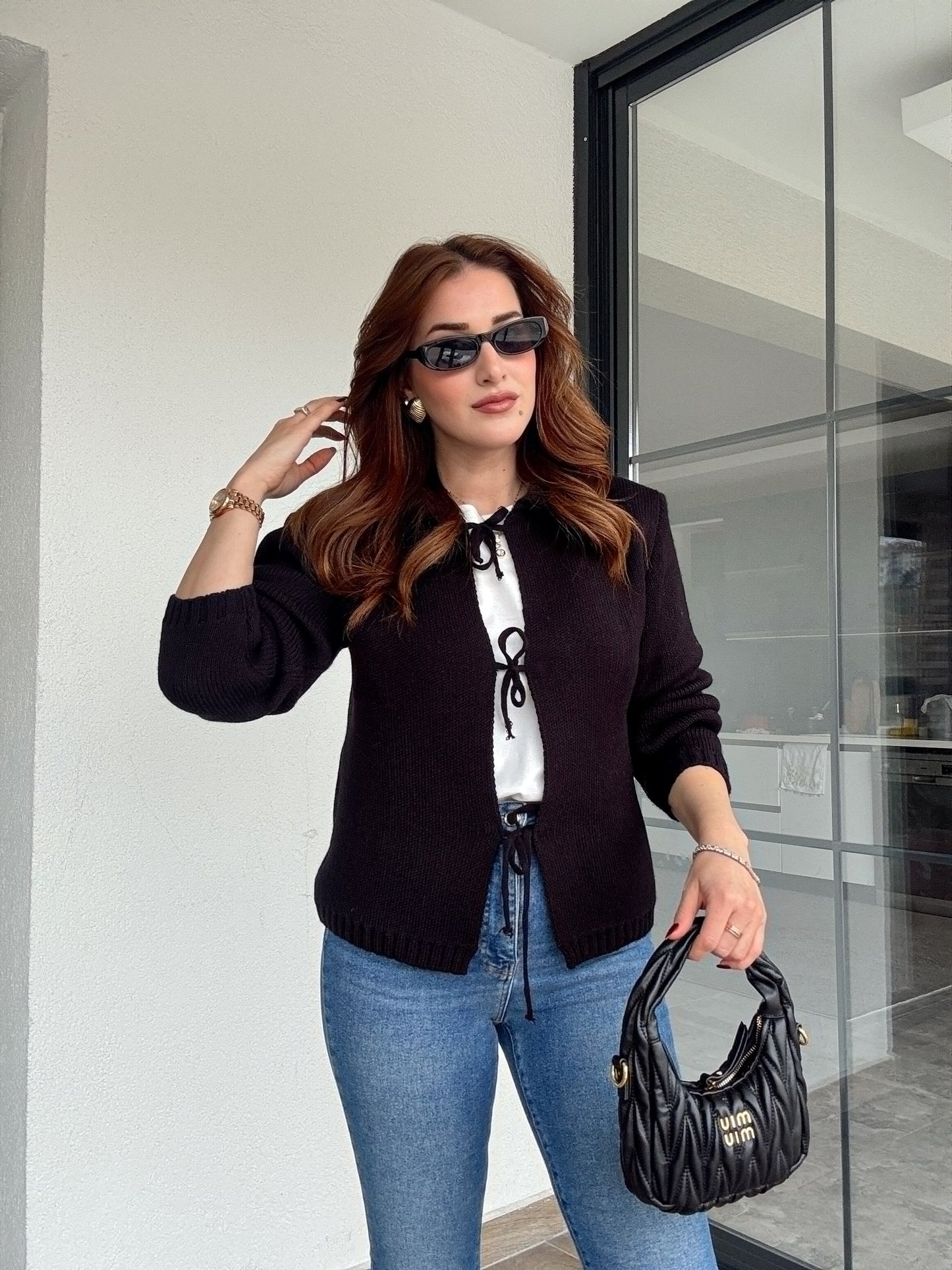 Bağcıklı triko ceket-SİYAH