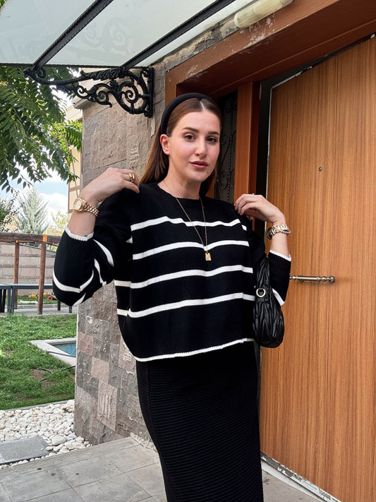 Çizgili Crop Kazak - SİYAH