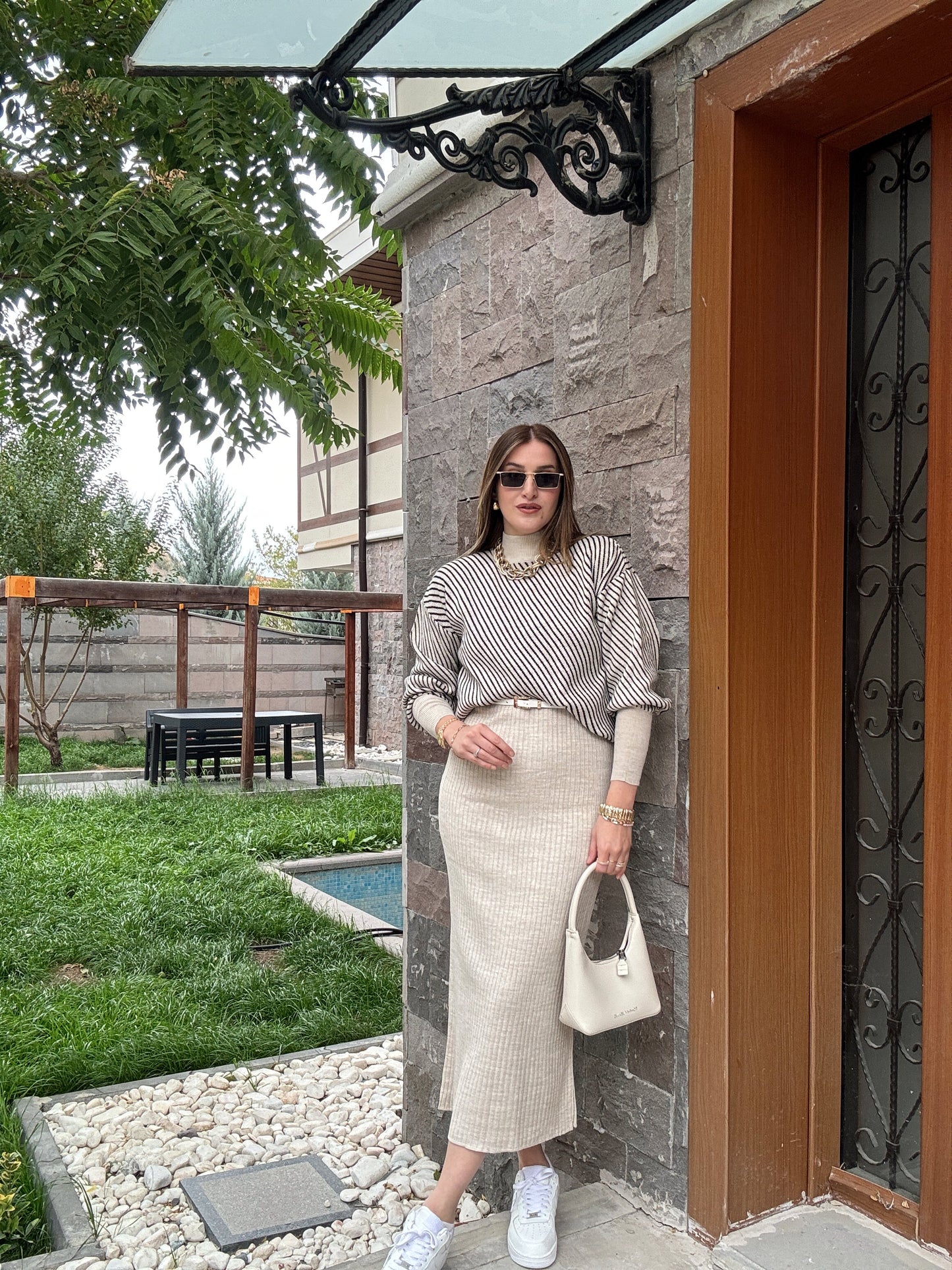 Yatay Çizgili Pikeli Jileli Takım - LATTE