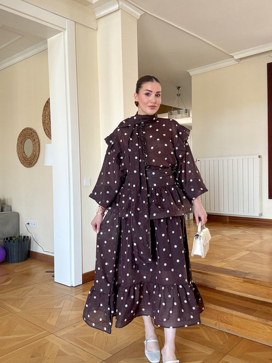 VAULA puantiye desen fularlı takım KOYU MÜRDÜM