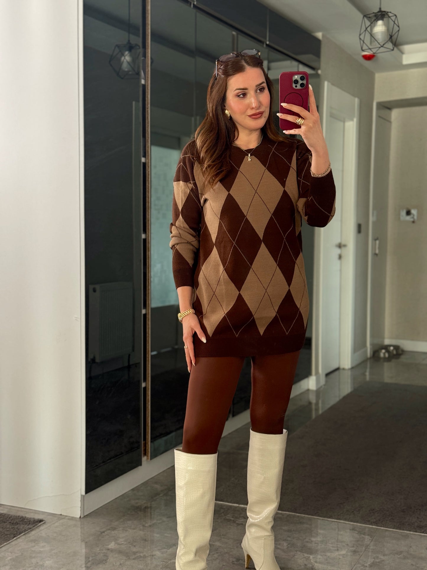 Pike Örgü Baklava Desenli Kazak ACI KAHVE