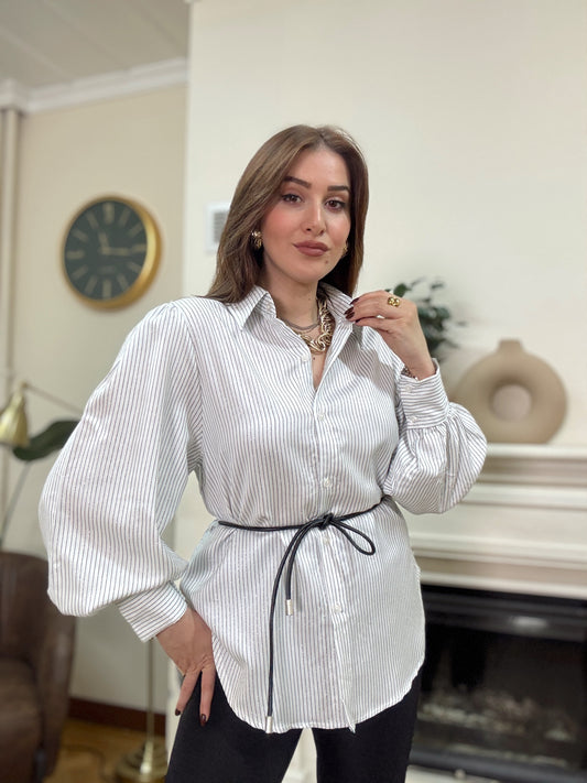 Simli kemerli çizgili gömlek BEYAZ