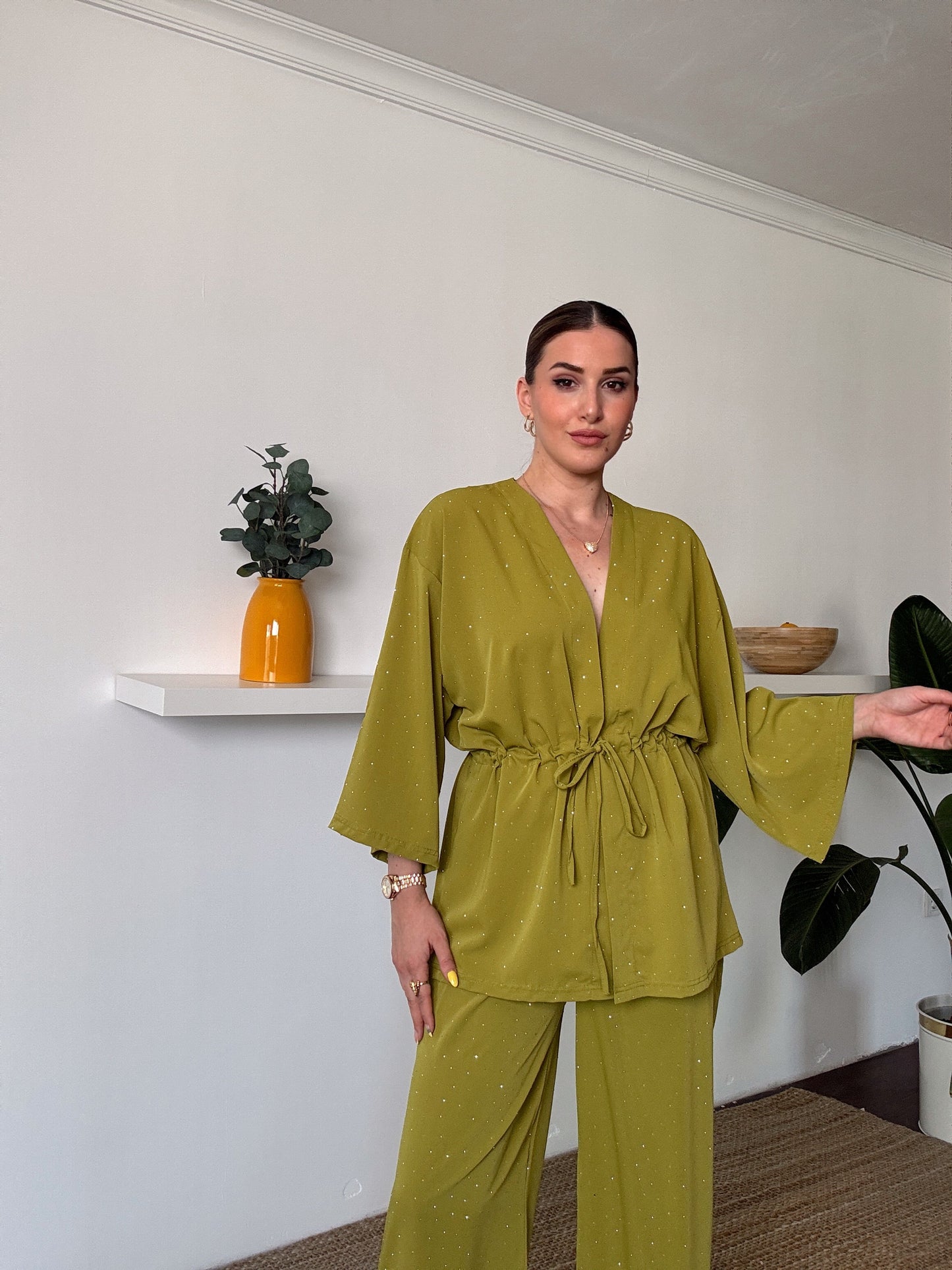 Taş işlemeli bel büzgülü ikili takım-Yağ Yeşili