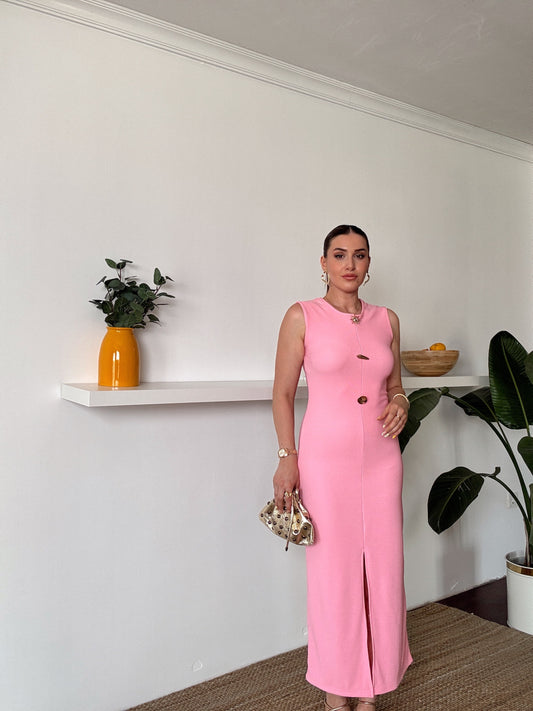 Ottoman sıfır kol düğmeli elbise Pembe