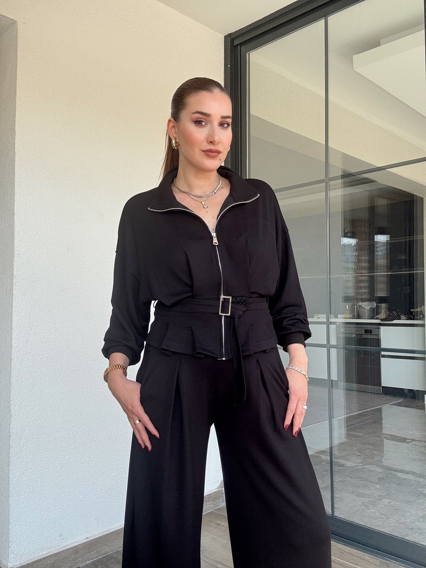 Modal kumaş dik yaka etek pileli ceket pantolon takım-SİYAH