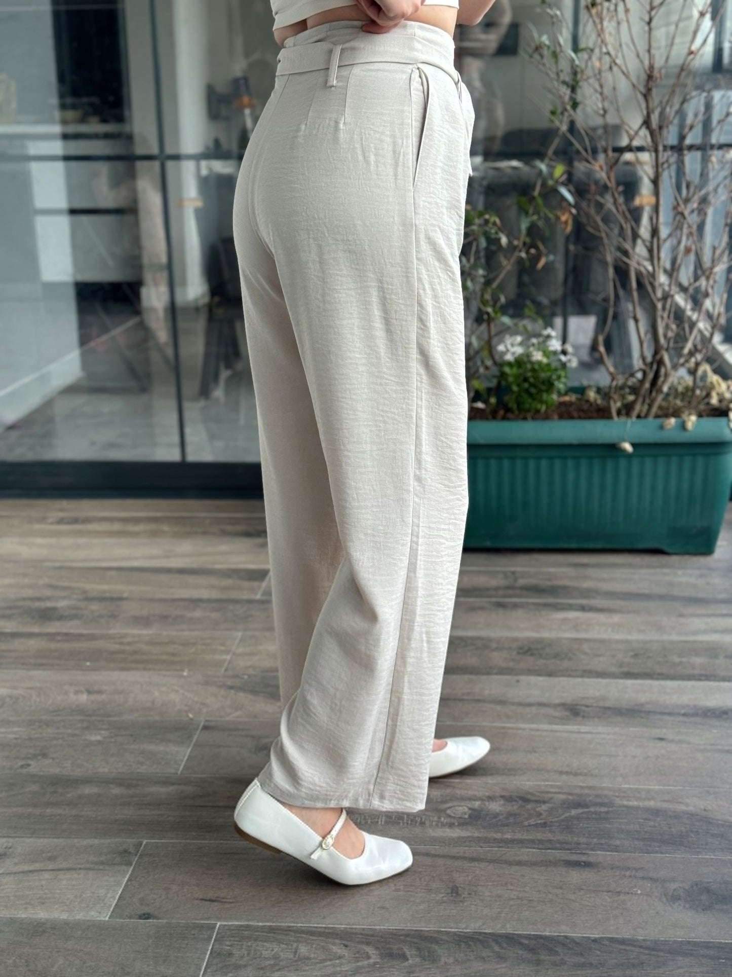 Kuşaklı Keten Pantolon - TAŞ