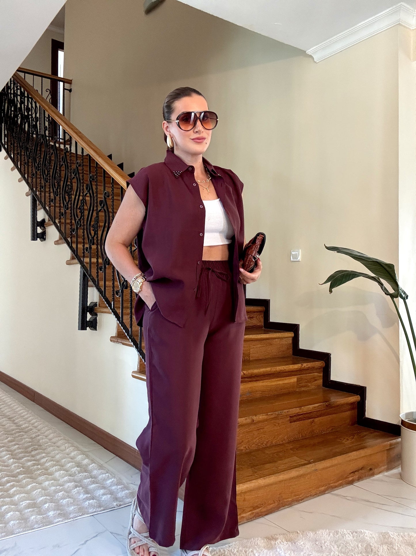 Yakası taş detayla aerobin takım Bordo