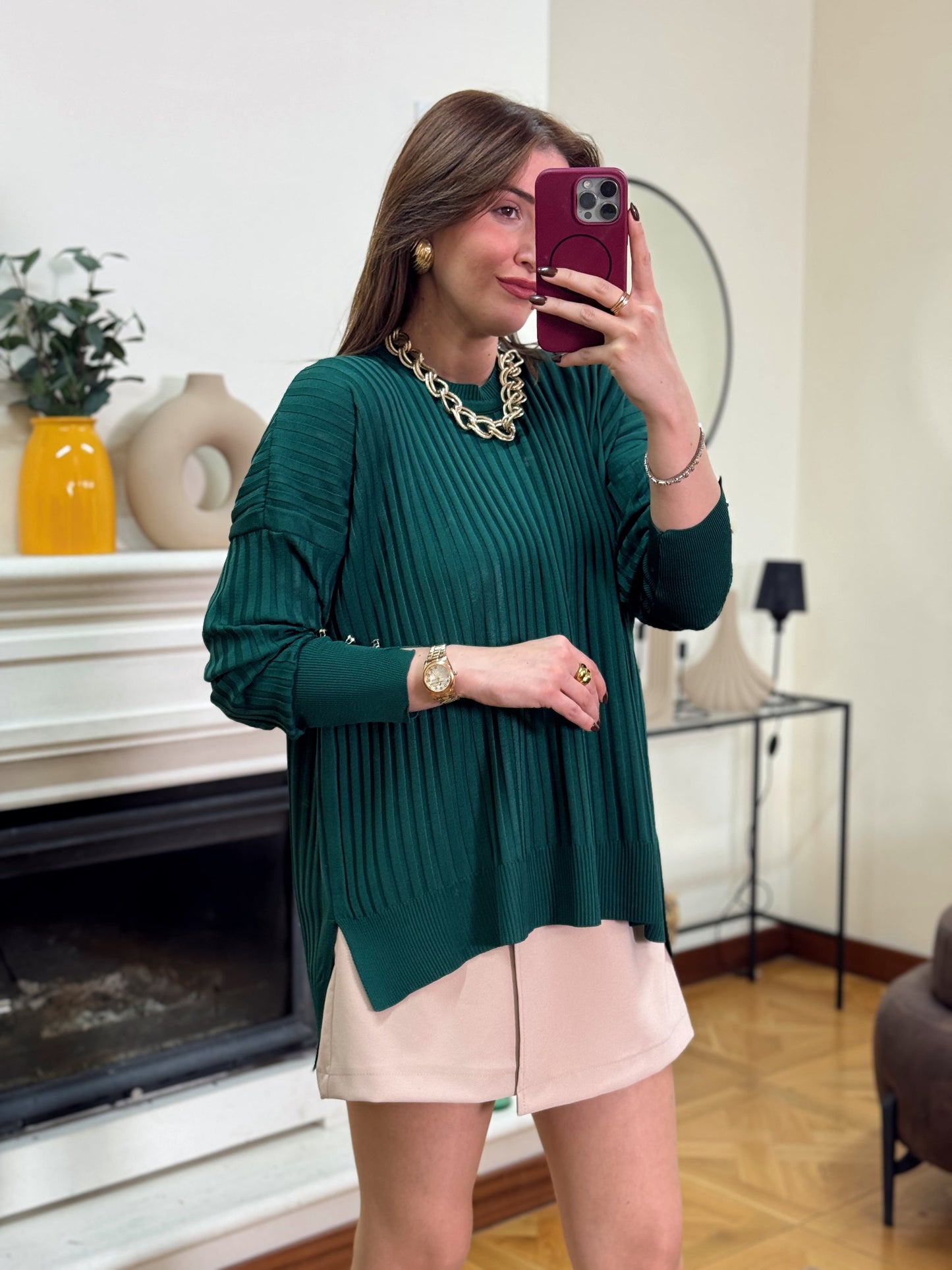 Oversize kesim kol düğmeli kazak YEŞİL