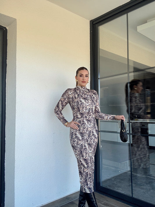 Sandy kumaş drape detaylı SNAKE desen elbise-MİX