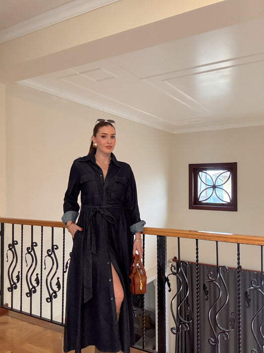 Kuşaklı jean elbise-KOYU MAVİ