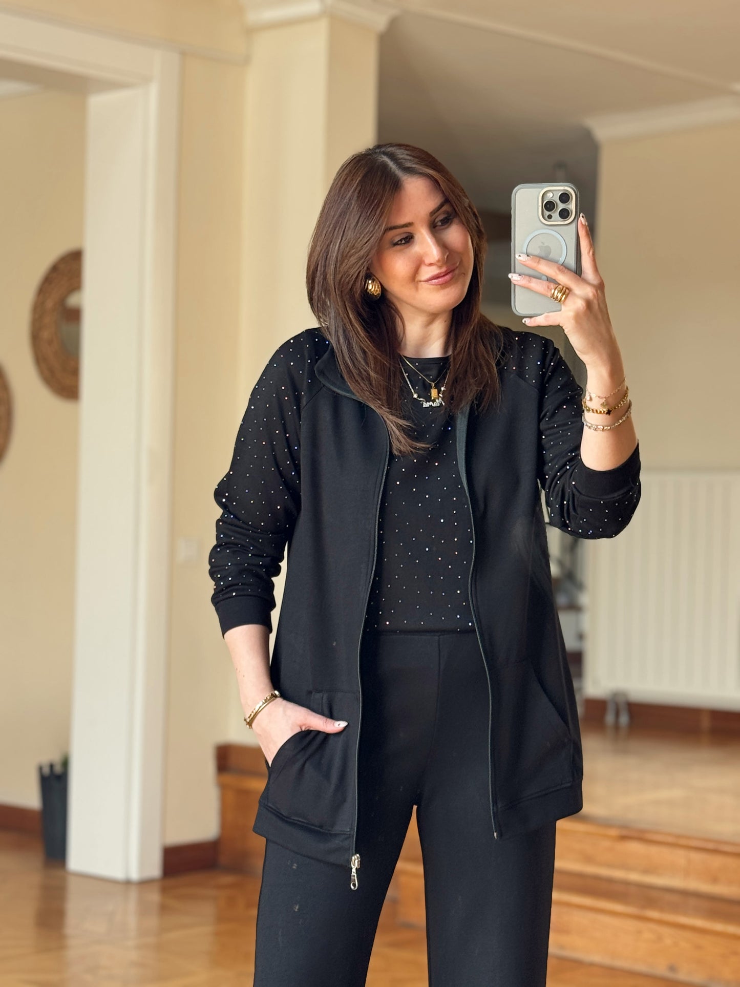 Üçlü Taşlı Oys Takım-SİYAH