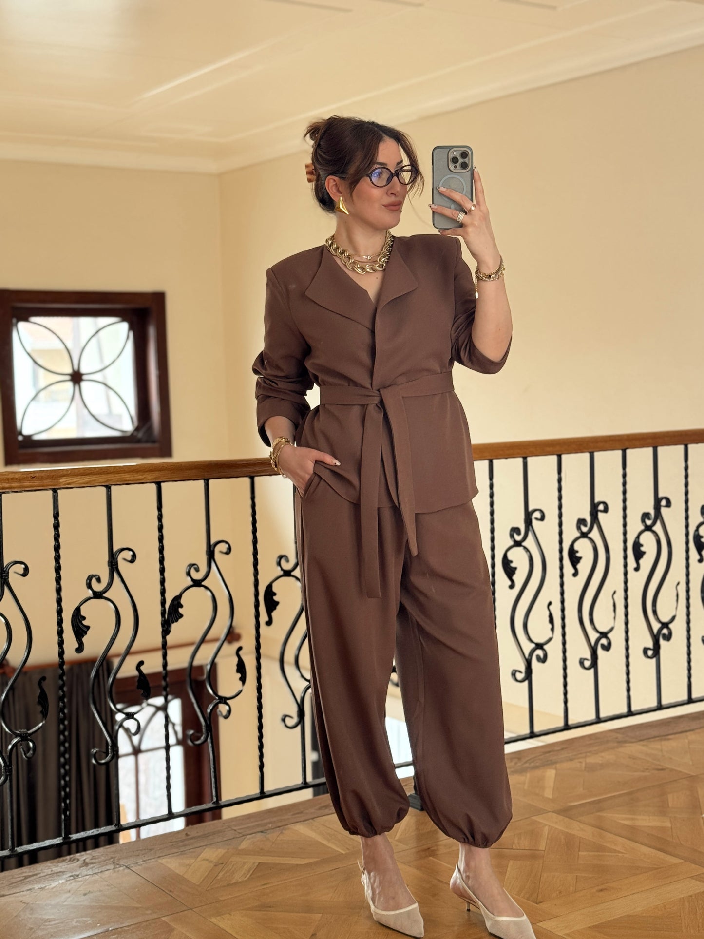 Ceket Kuşaklı Şalvar Takım-KAHVERENGİ