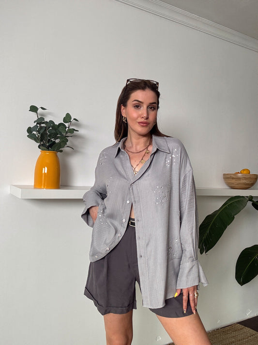 DİANA taş detaylı KETEN gömlek GRİ