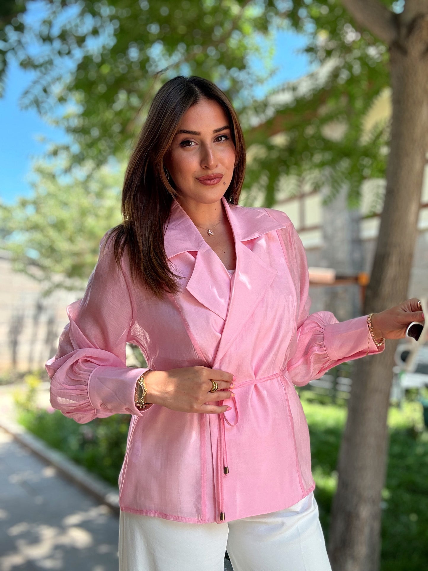 Kruvaze yaka aerobin gömlek ceket pembe