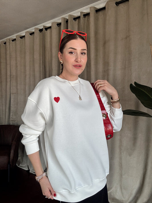 Kalp Nakış 3 İplik Şardonlu Sweatshirt - BEYAZ