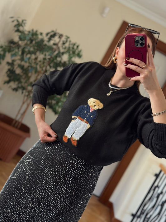 Ayıcık İşleme Yumoş Triko Kazak - SİYAH-LACİVERT