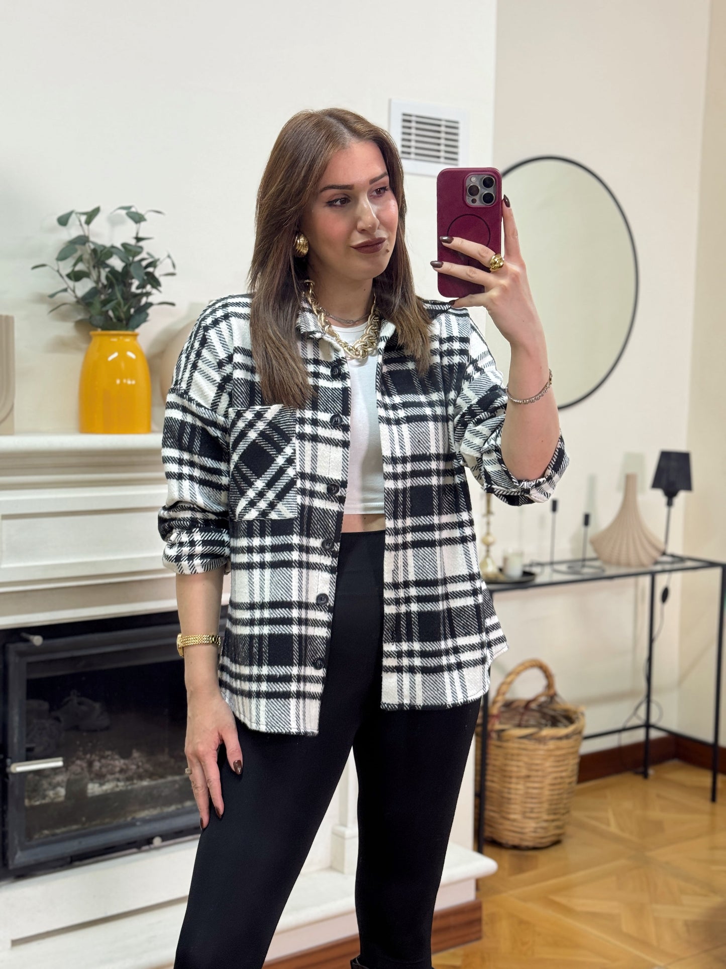 Ekose desen tek cepli gömlek SİYAH-BEYAZ