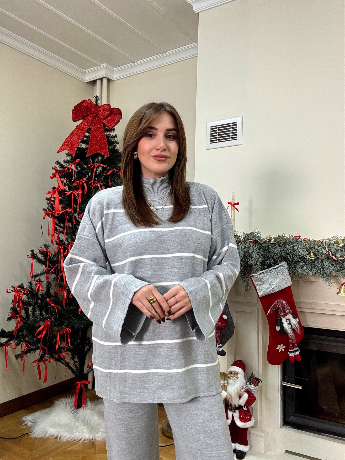 Çizgili yarım balıkçı pantolonlu takım-GRİ