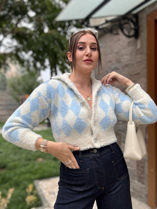 Baklava Desen Premium Sakal Hırka - MAVİ