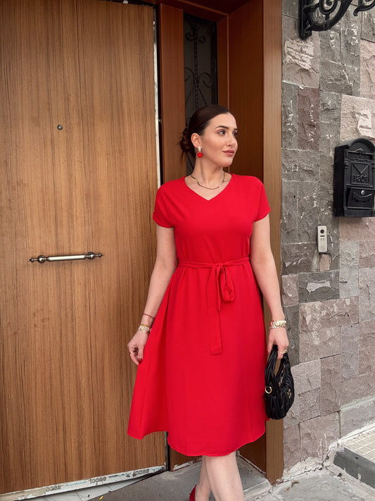 Beli kuşaklı tensel elbise KIRMIZI