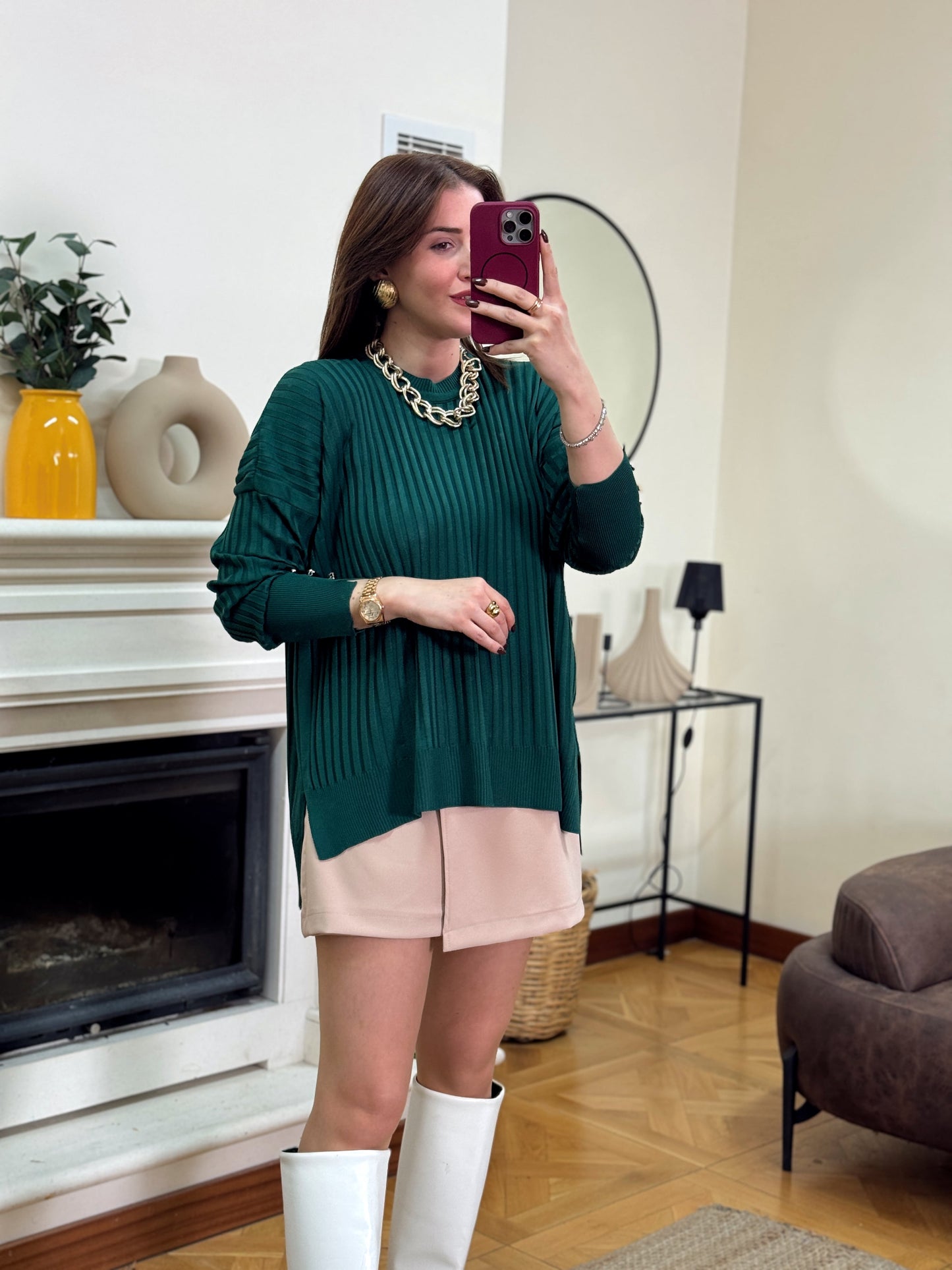 Oversize kesim kol düğmeli kazak YEŞİL