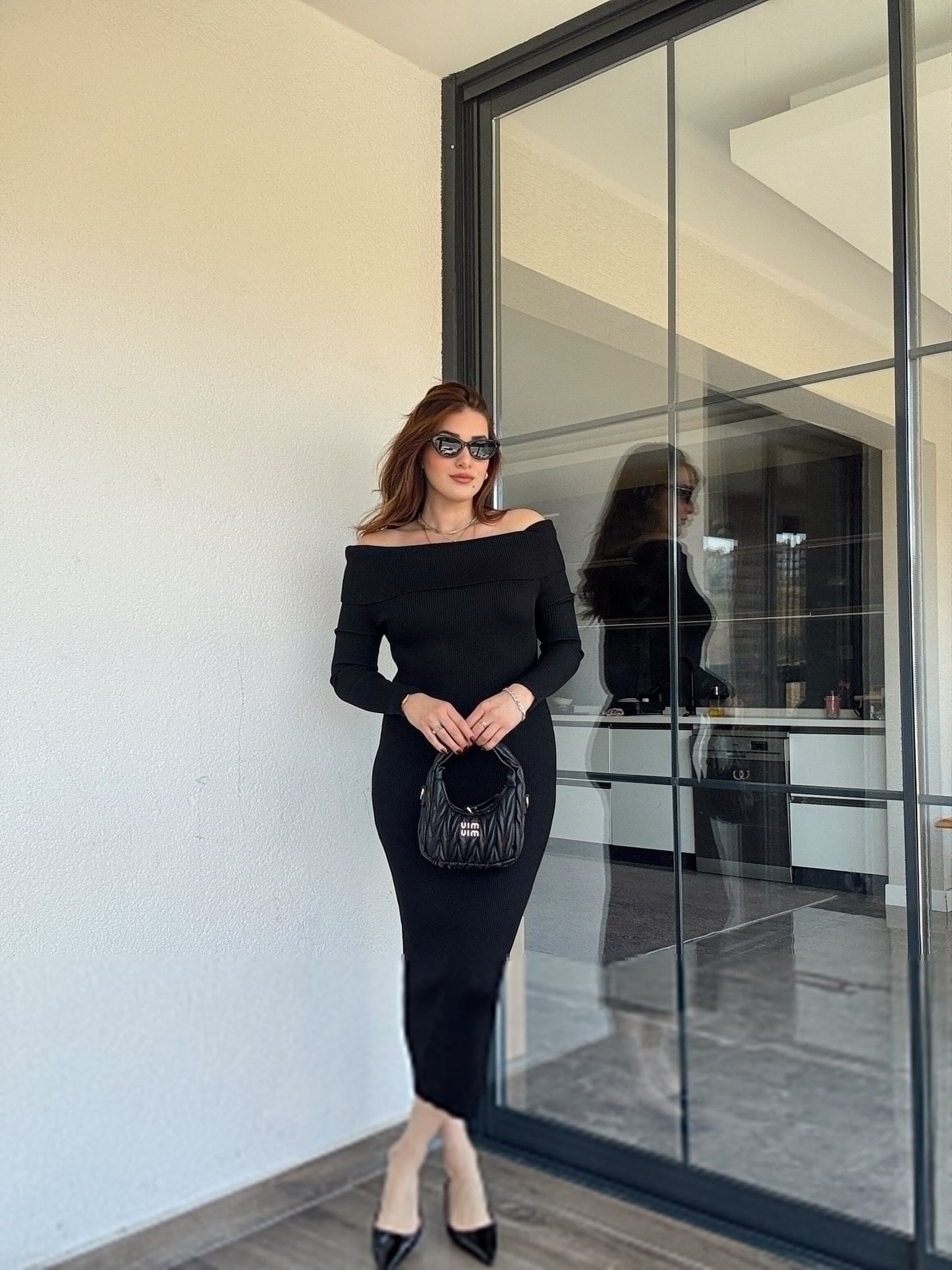 Madonna yaka triko elbise-SİYAH