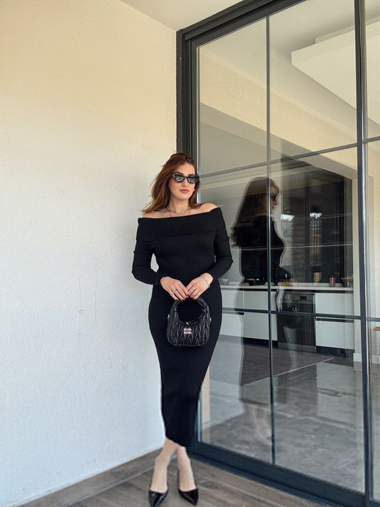 Madonna yaka triko elbise-SİYAH